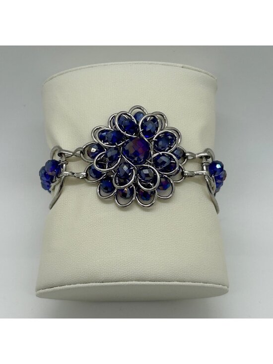 Handcrafted Jewelry - Handcrafted Silver-Tone Blue Rhinestone Crystal Floral Rosette Toggle Clasp Stat